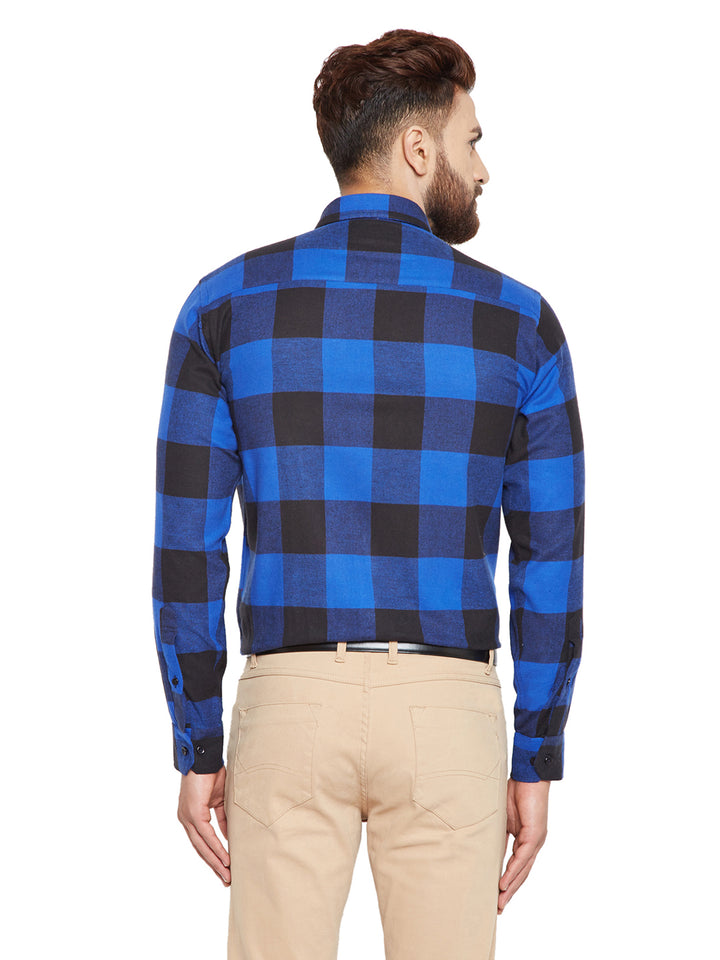 Men Blue & Black Checks Slim Fit Pure Cotton Formal Shirt