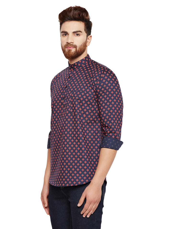 Men Navy Blue Prints Slim Fit Pure Cotton Formal Shirt