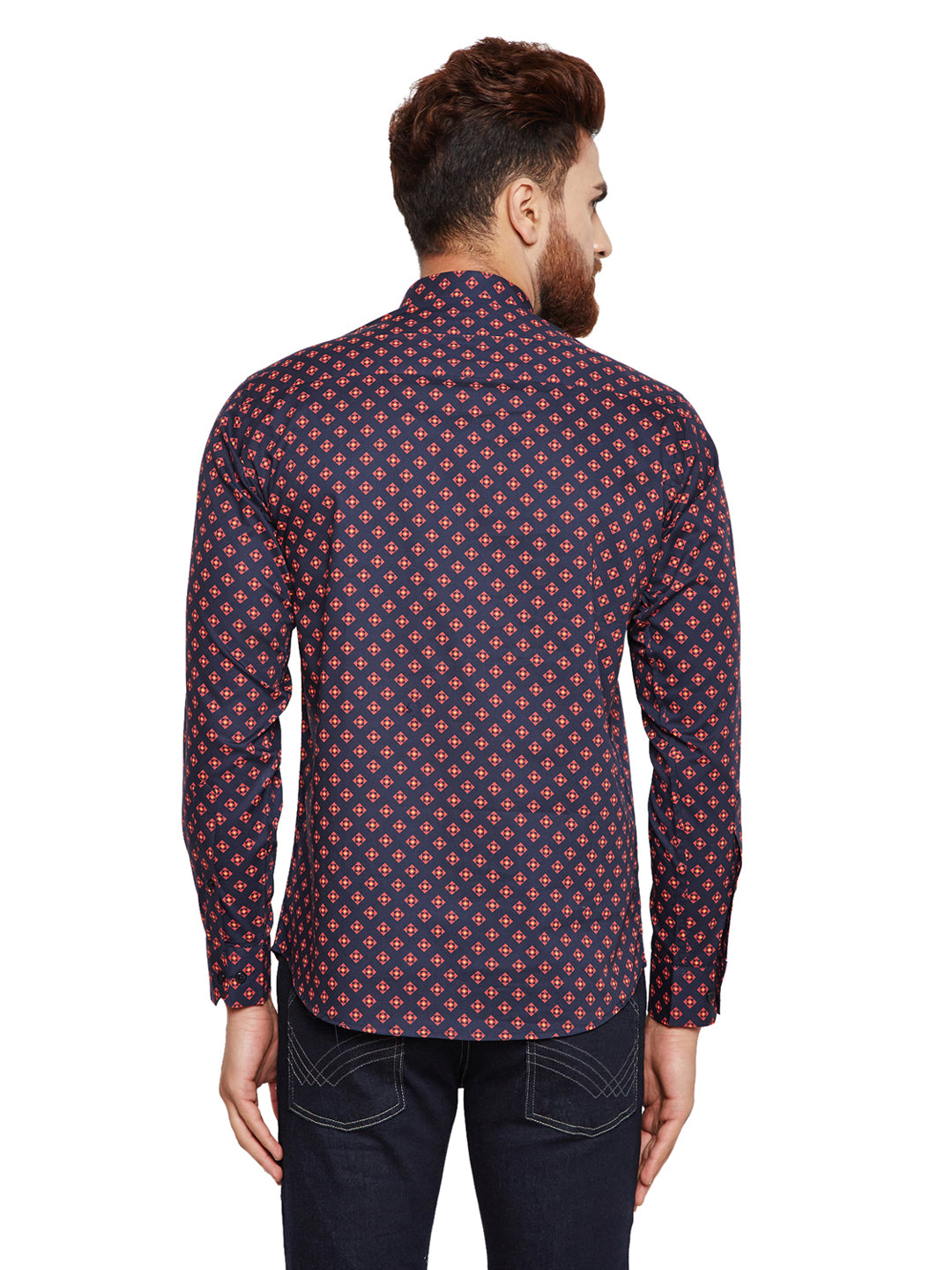 Men Navy Blue Prints Slim Fit Pure Cotton Formal Shirt