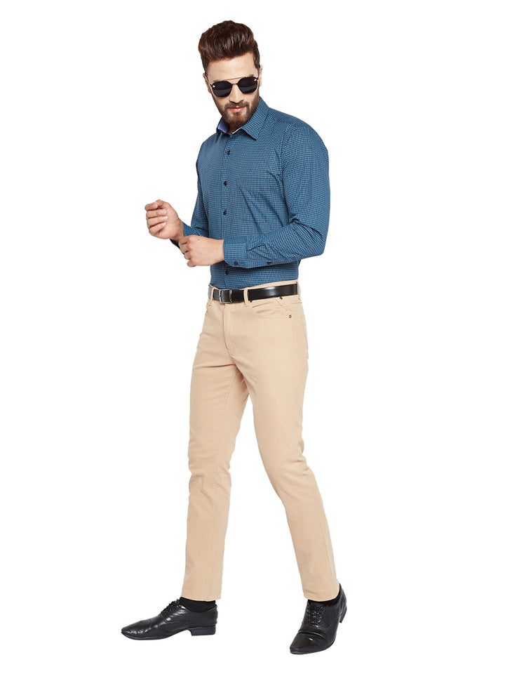Men Navy Blue Checks Slim Fit Pure Cotton Formal Shirt