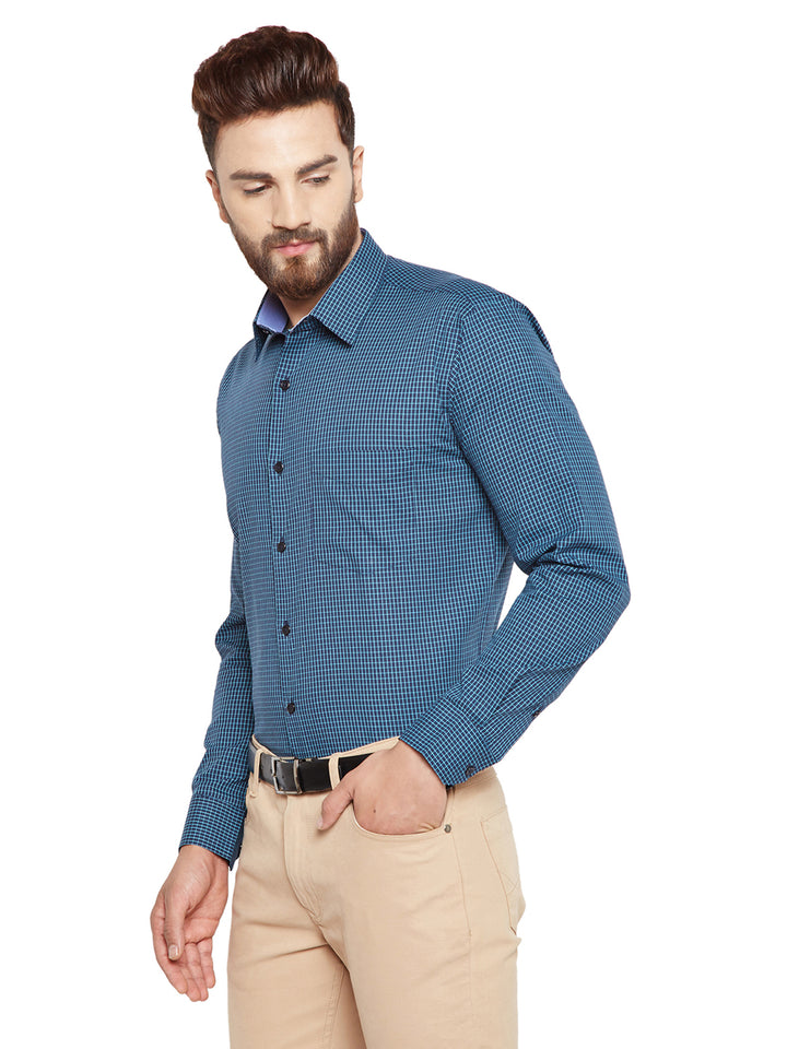 Men Navy Blue Checks Slim Fit Pure Cotton Formal Shirt