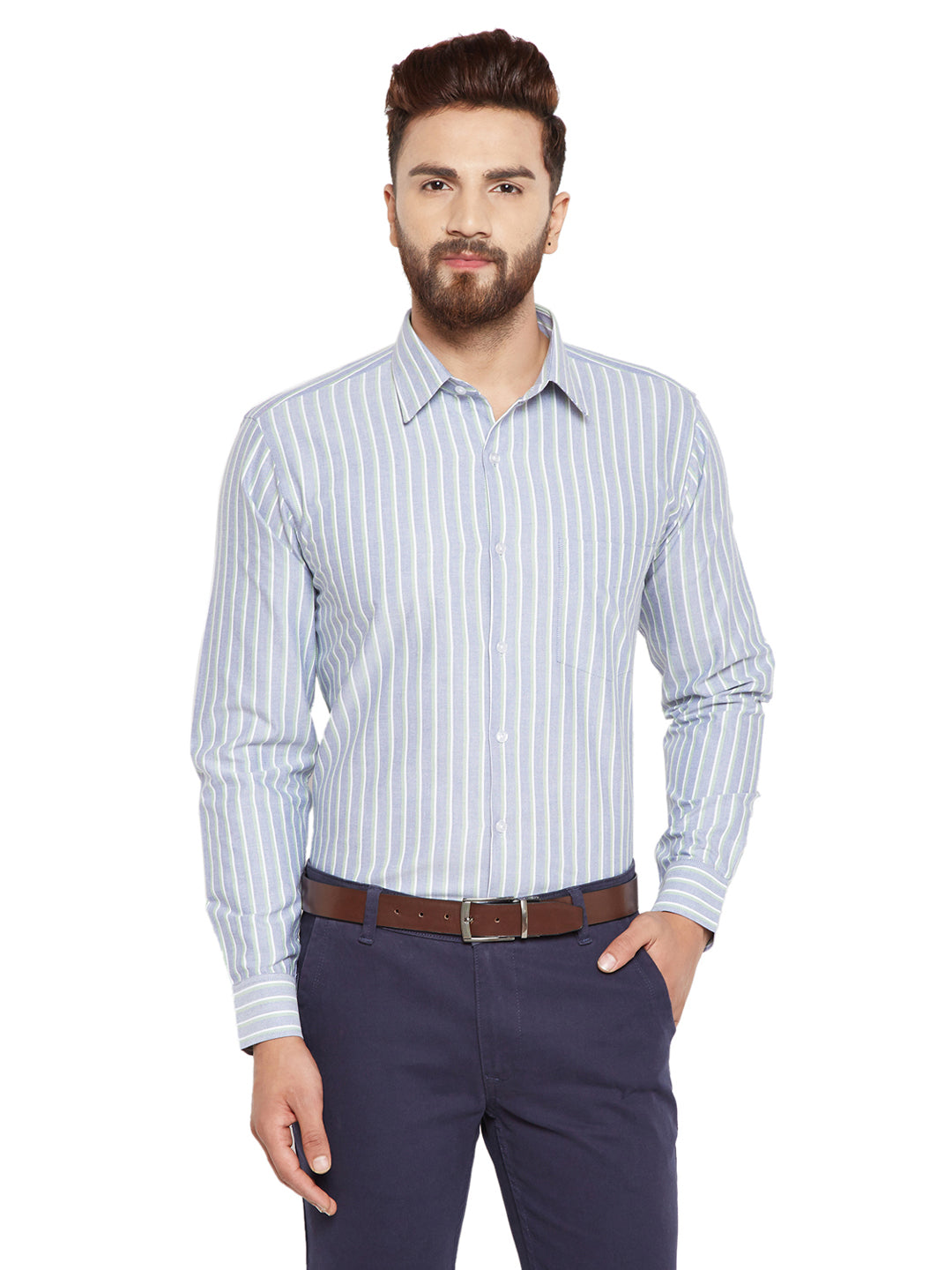 Men  Blue Stripes Slim Fit Pure Cotton Formal Shirt