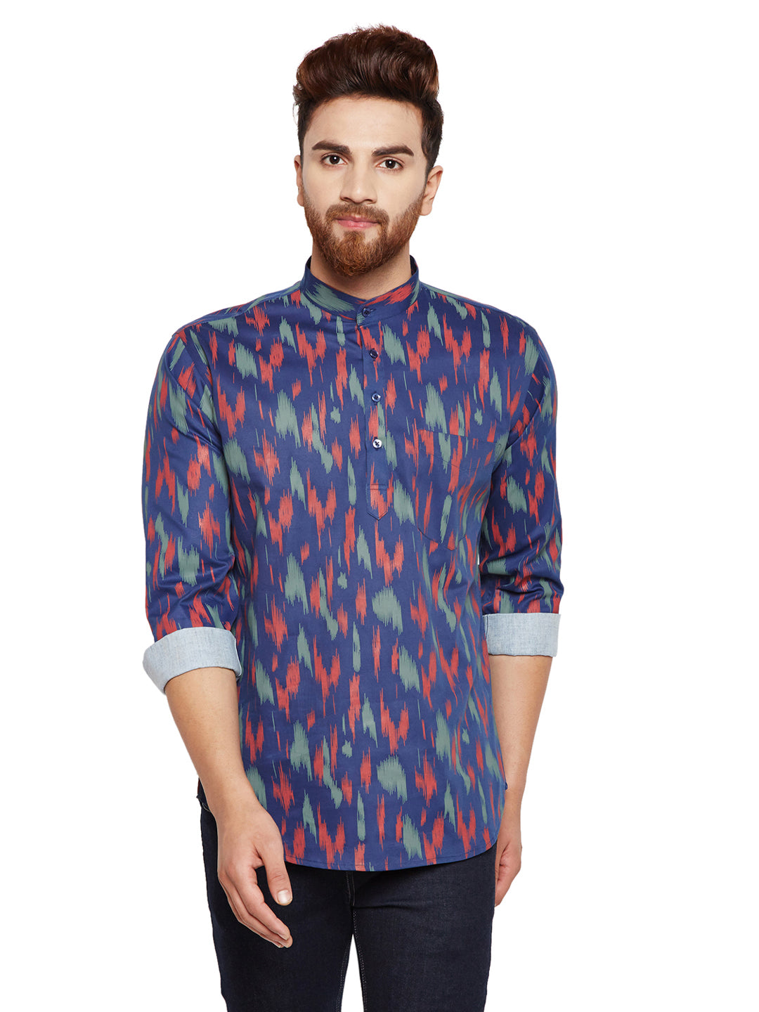 Men Navy Blue Prints Slim Fit Pure Cotton Formal Shirt