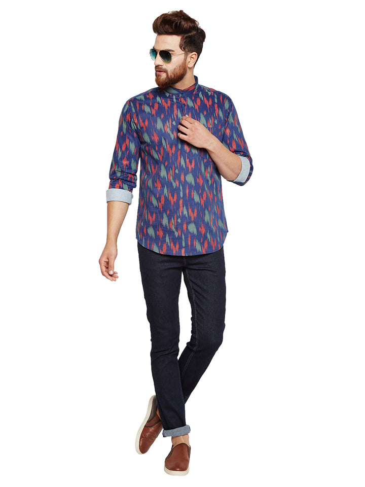 Men Navy Blue Prints Slim Fit Pure Cotton Formal Shirt