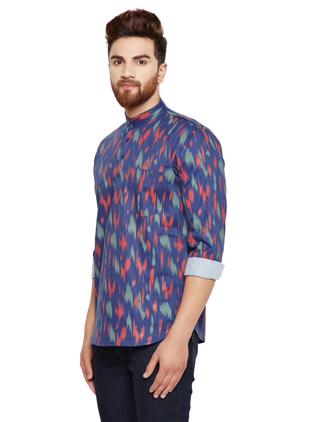 Men Navy Blue Prints Slim Fit Pure Cotton Formal Shirt