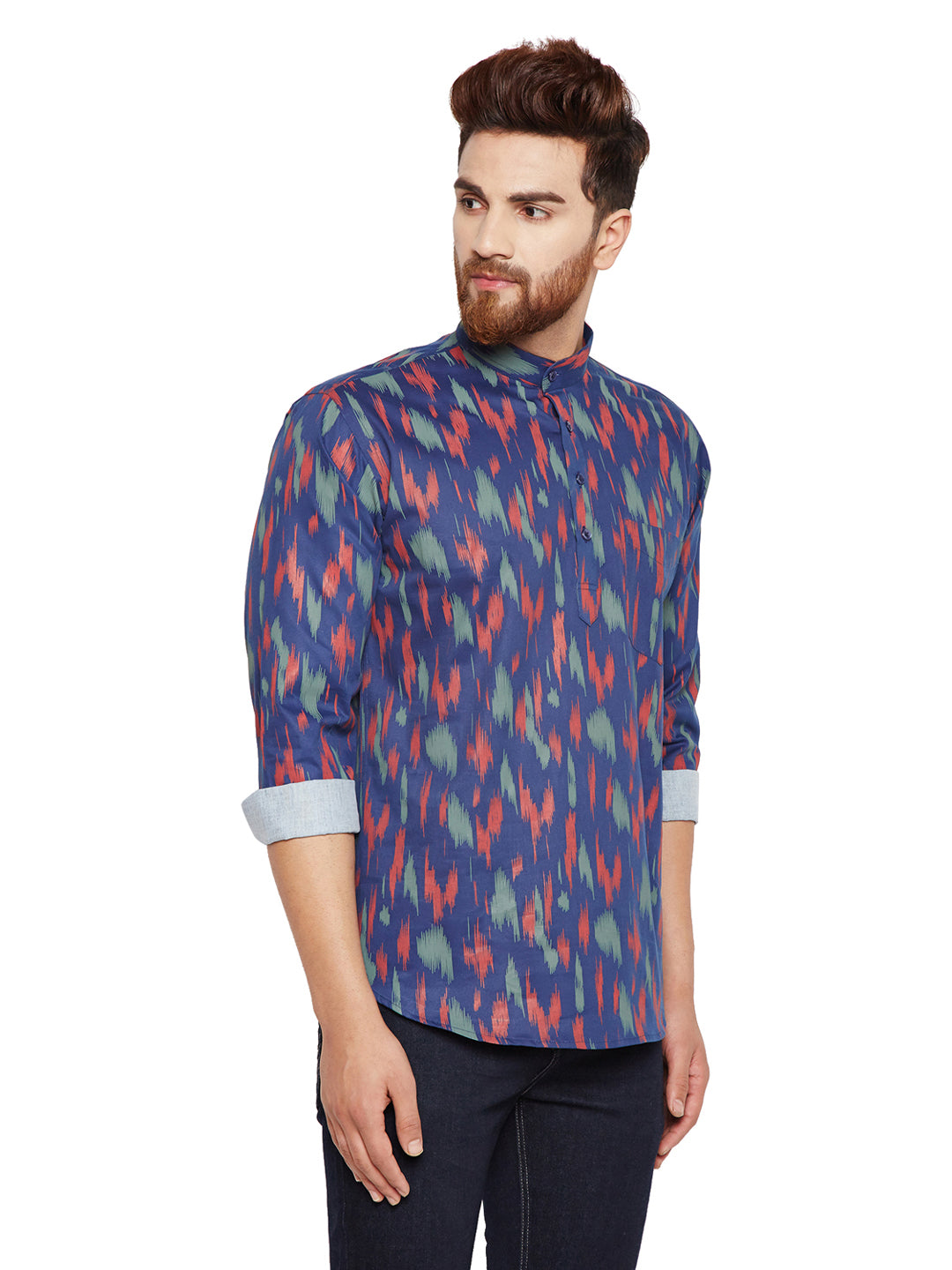 Men Navy Blue Prints Slim Fit Pure Cotton Formal Shirt