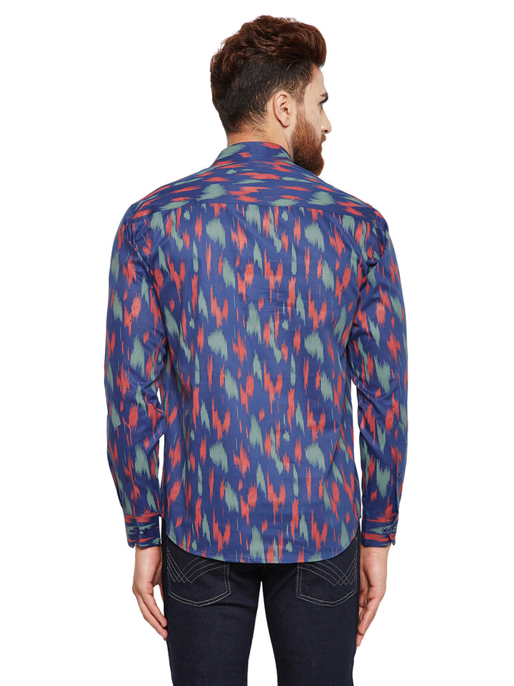 Men Navy Blue Prints Slim Fit Pure Cotton Formal Shirt