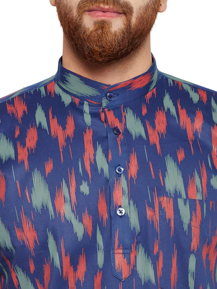 Men Navy Blue Prints Slim Fit Pure Cotton Formal Shirt