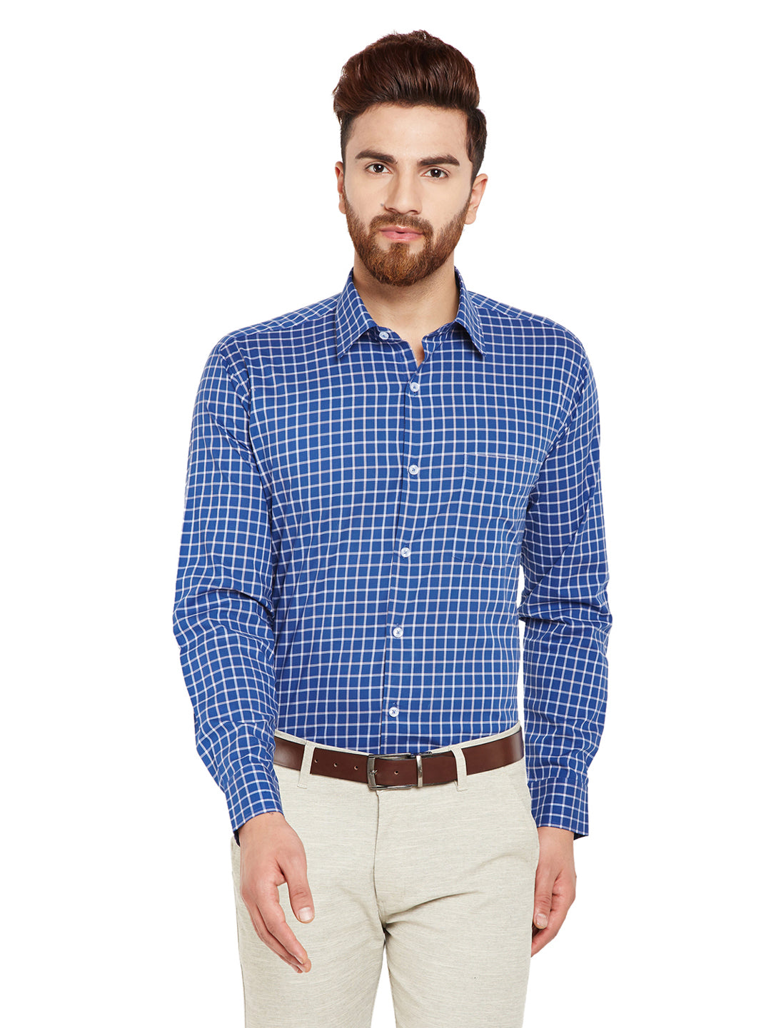 Men Navy Blue Checks Slim Fit Pure Cotton Formal Shirt