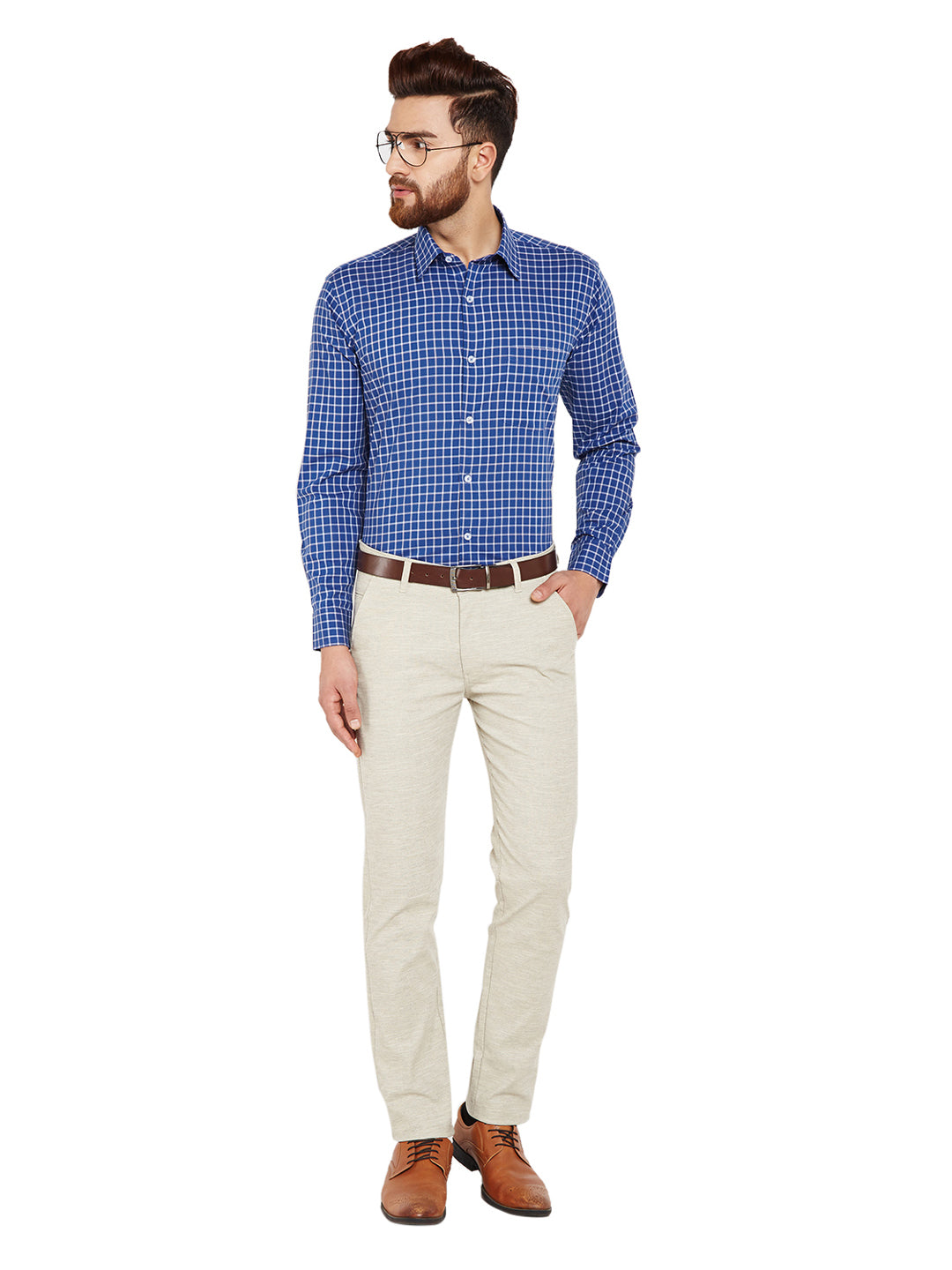 Men Navy Blue Checks Slim Fit Pure Cotton Formal Shirt
