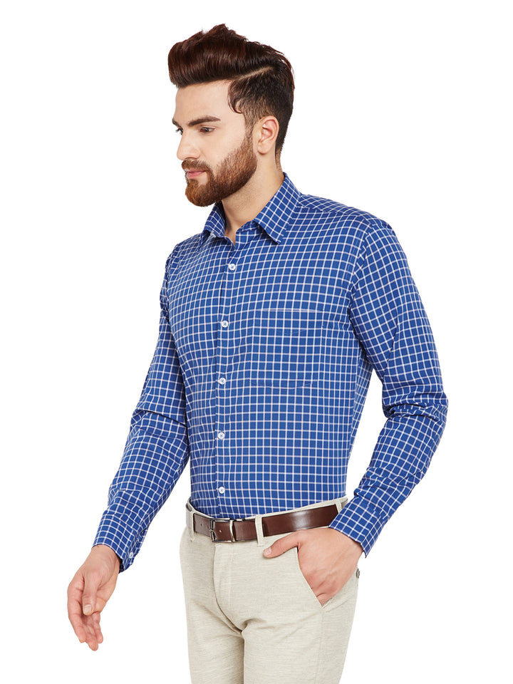 Men Navy Blue Checks Slim Fit Pure Cotton Formal Shirt