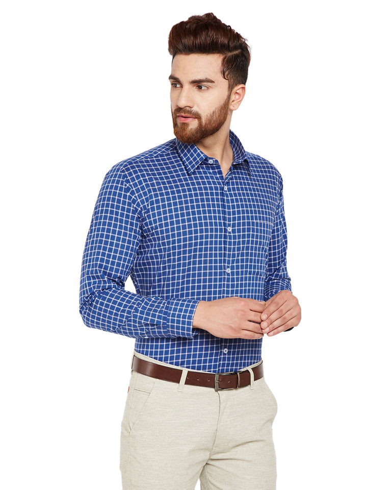 Men Navy Blue Checks Slim Fit Pure Cotton Formal Shirt