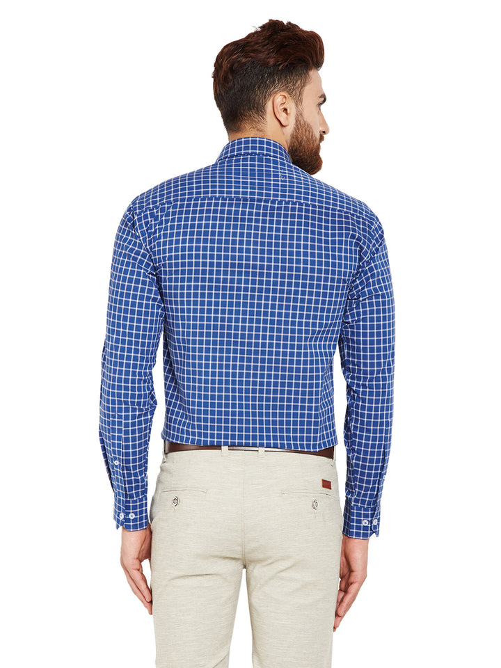 Men Navy Blue Checks Slim Fit Pure Cotton Formal Shirt