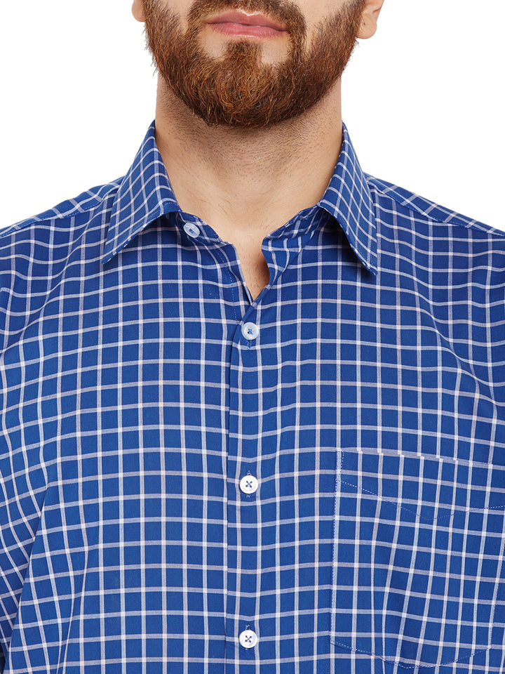 Men Navy Blue Checks Slim Fit Pure Cotton Formal Shirt