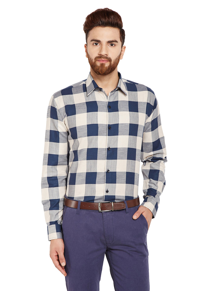 Men Navy Blue & Beige Checks Slim Fit Pure Cotton Formal Shirt