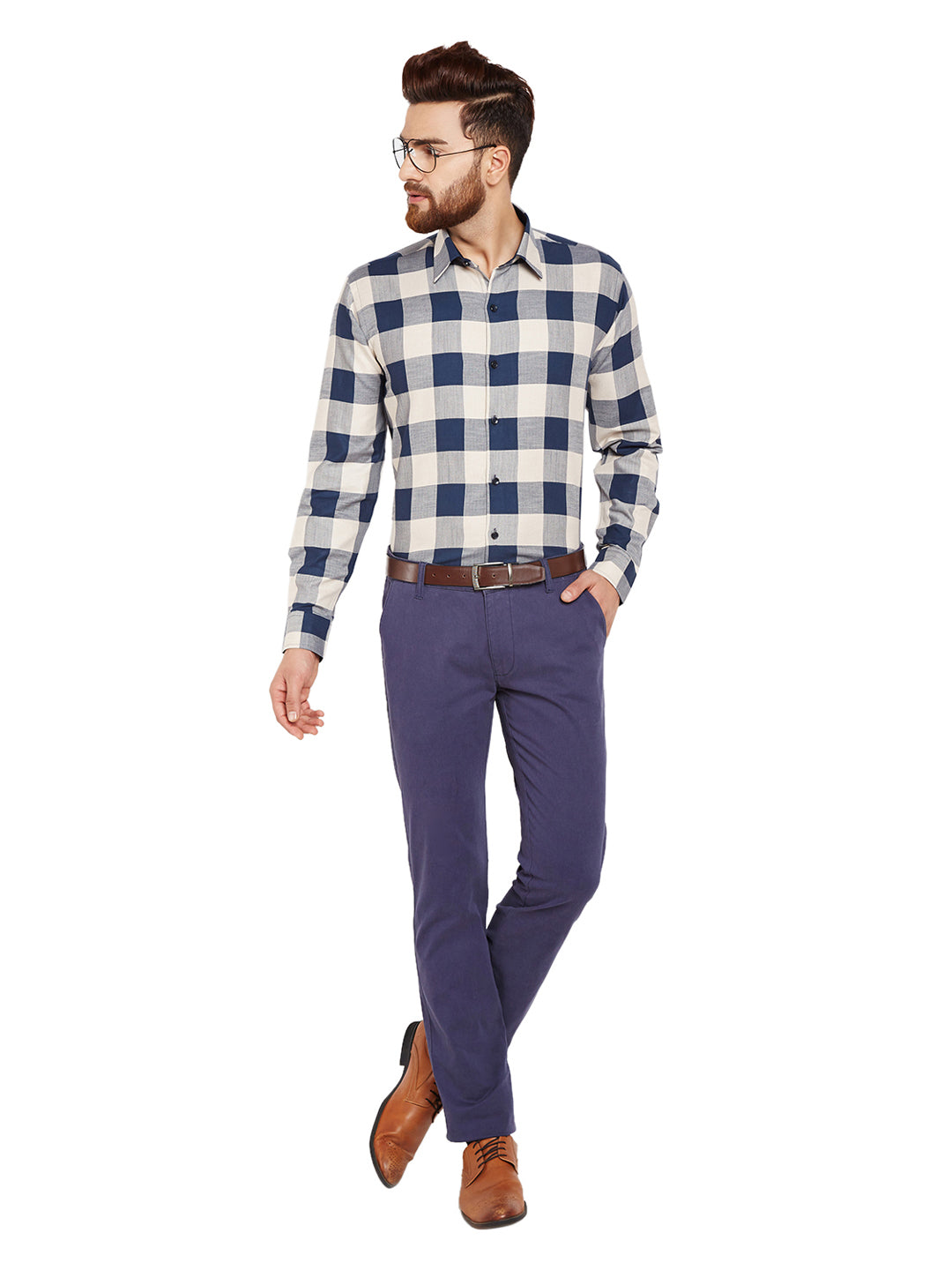 Men Navy Blue & Beige Checks Slim Fit Pure Cotton Formal Shirt