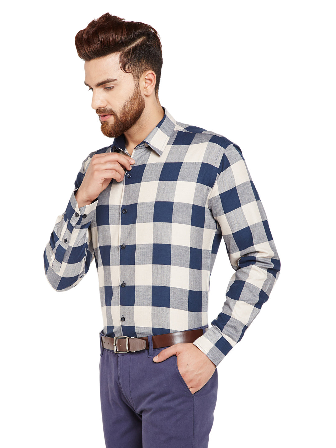Men Navy Blue & Beige Checks Slim Fit Pure Cotton Formal Shirt
