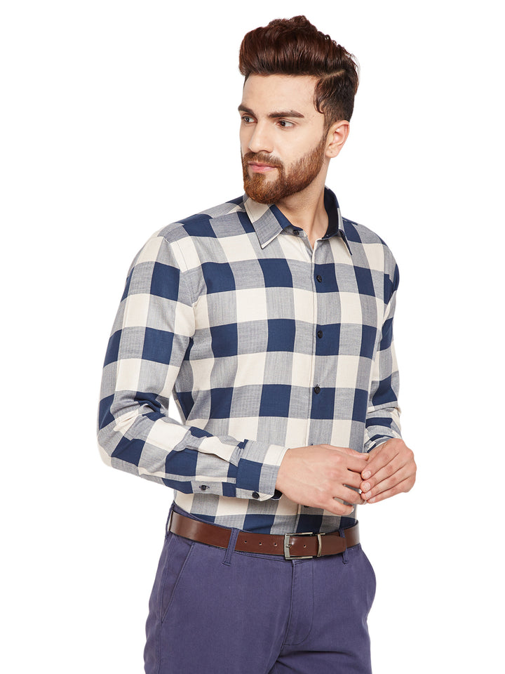Men Navy Blue & Beige Checks Slim Fit Pure Cotton Formal Shirt