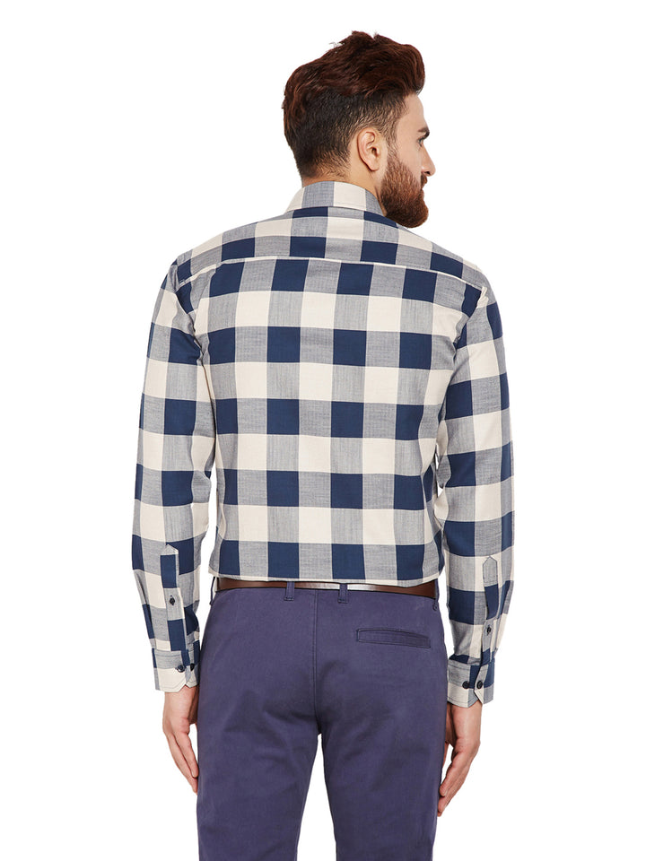 Men Navy Blue & Beige Checks Slim Fit Pure Cotton Formal Shirt