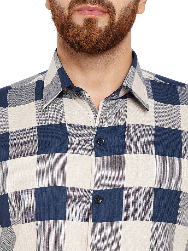 Men Navy Blue & Beige Checks Slim Fit Pure Cotton Formal Shirt