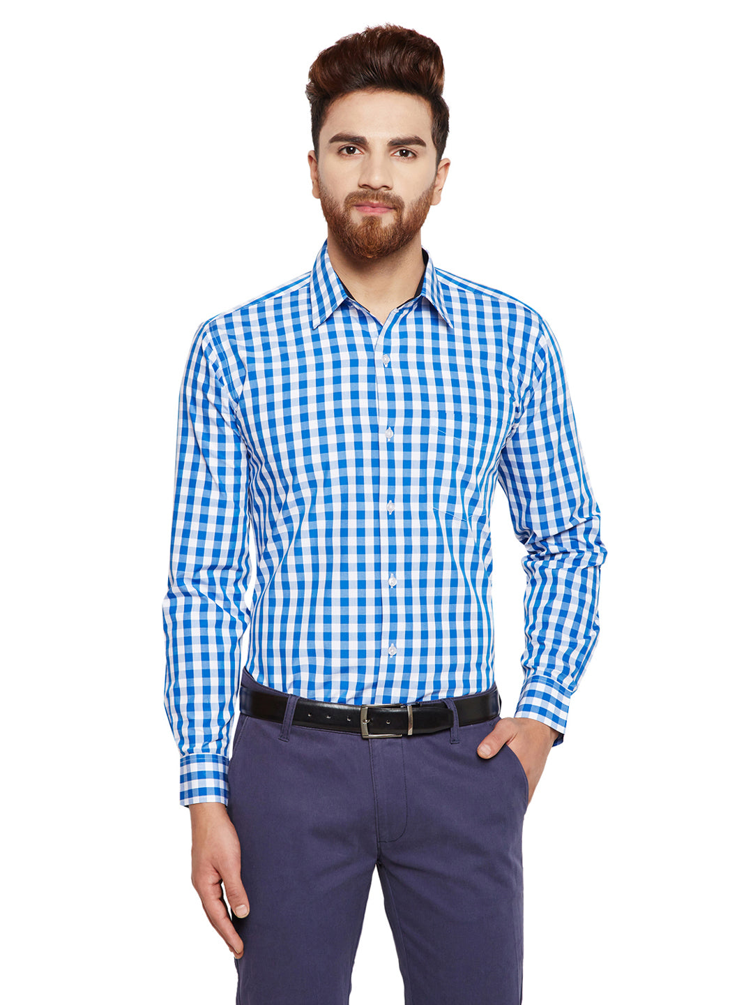 Men Blue Checks Slim Fit Pure Cotton Formal Shirt