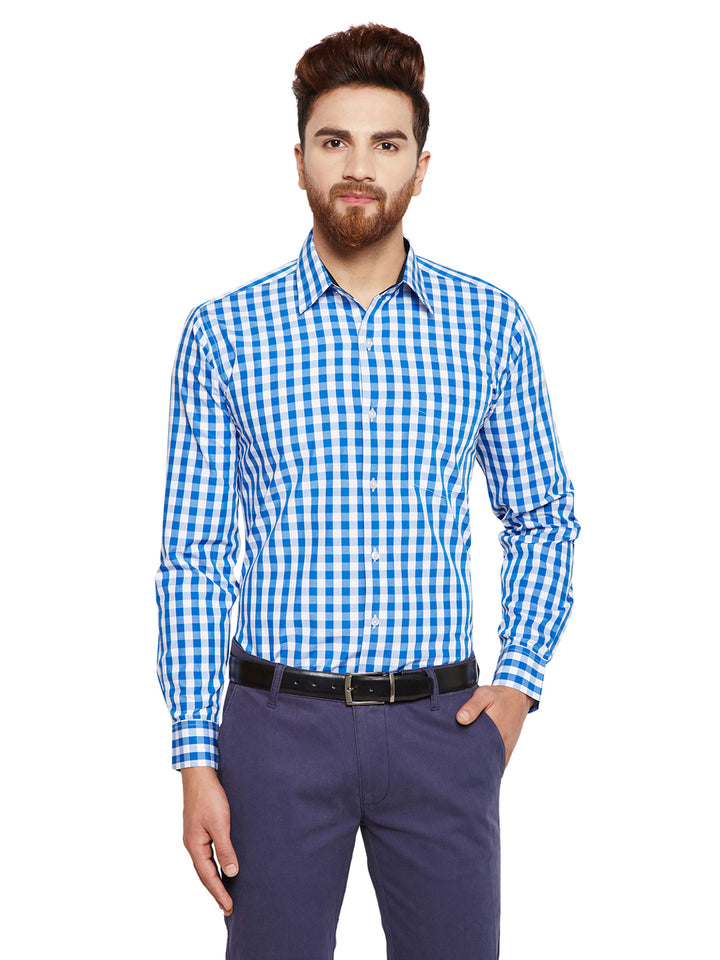 Men Blue Checks Slim Fit Pure Cotton Formal Shirt