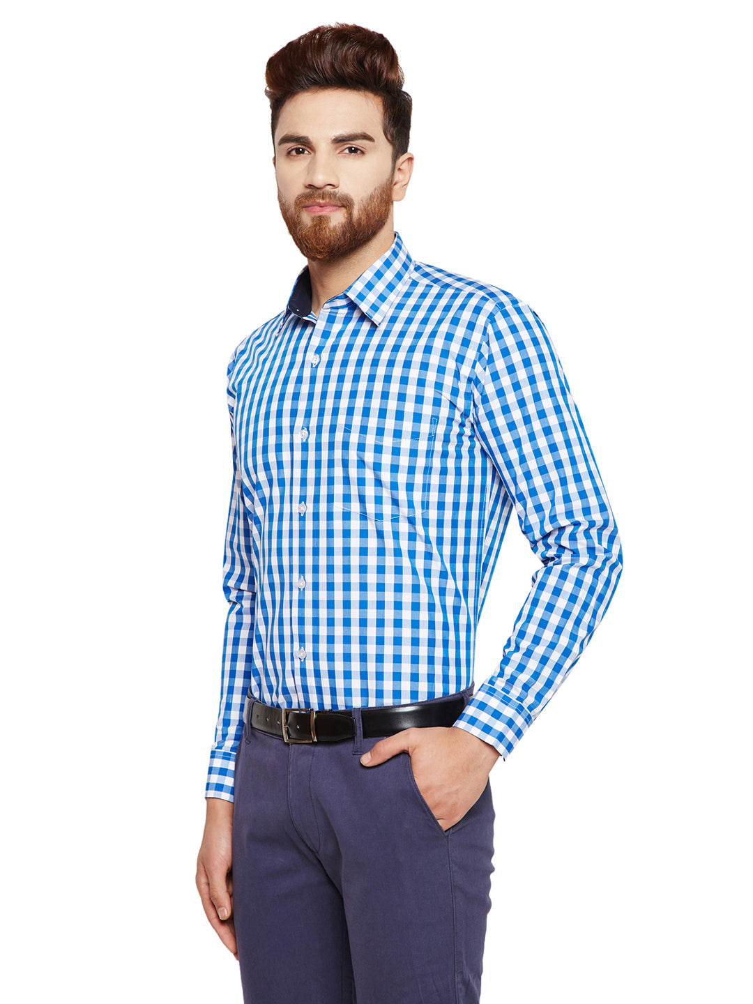Men Blue Checks Slim Fit Pure Cotton Formal Shirt