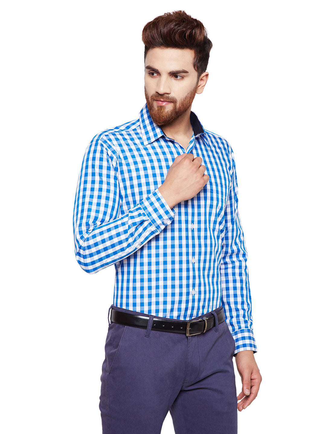 Men Blue Checks Slim Fit Pure Cotton Formal Shirt