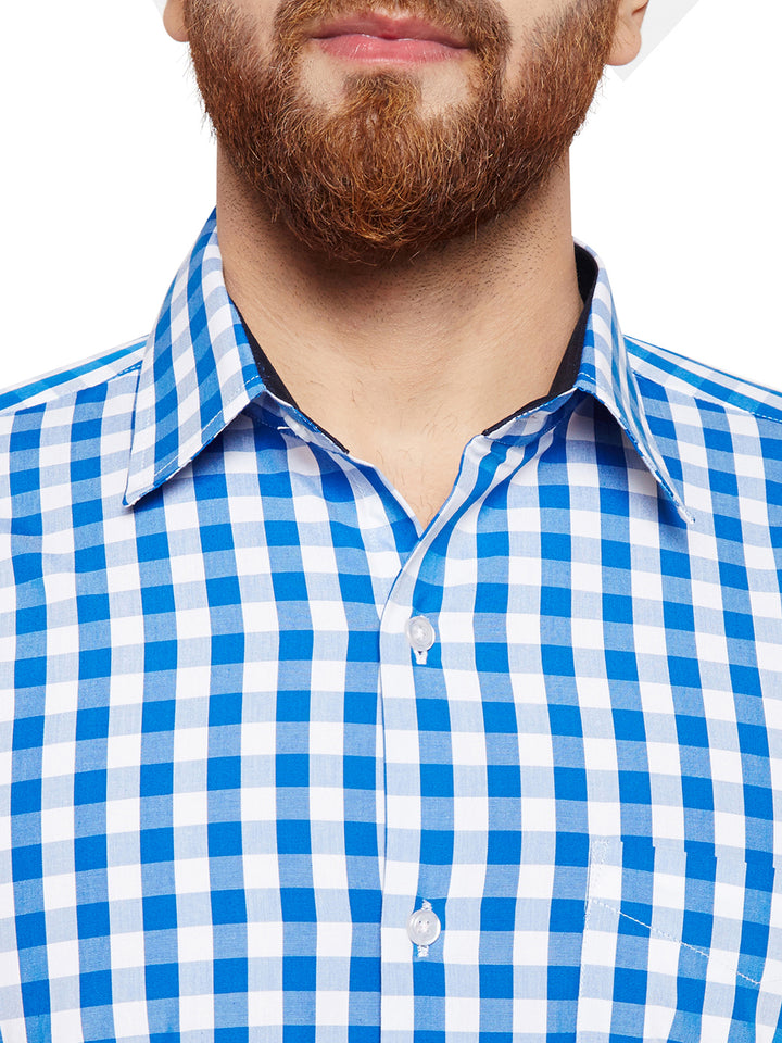 Men Blue Checks Slim Fit Pure Cotton Formal Shirt