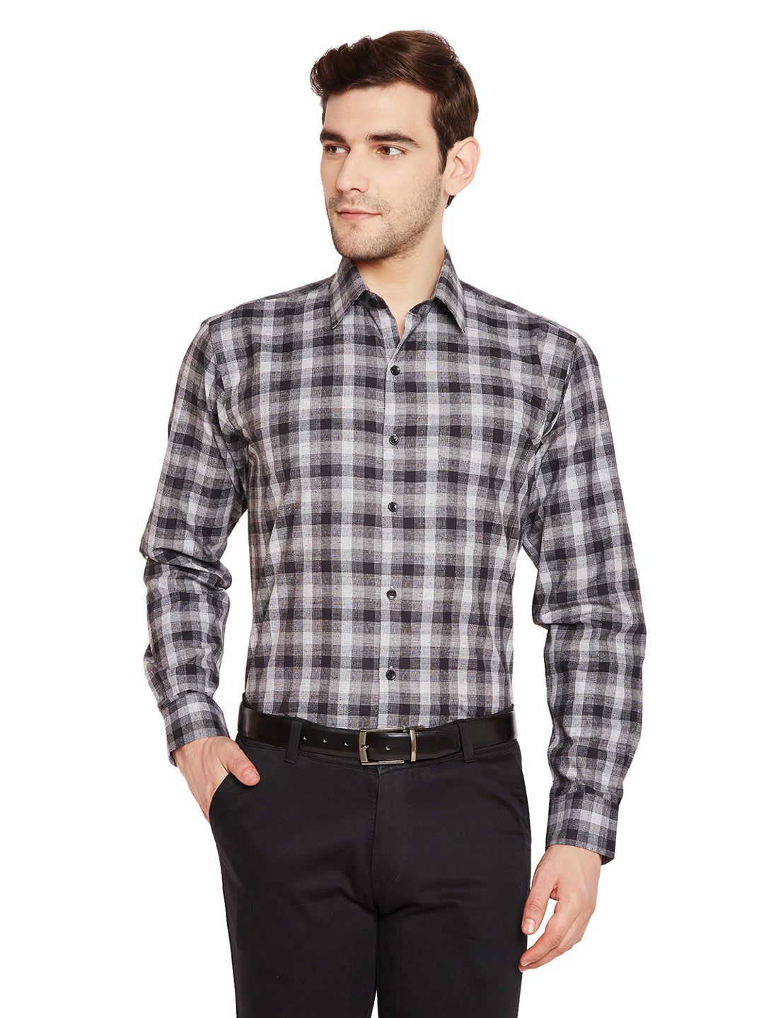 Men Black & Grey Checks Slim Fit Pure Cotton Formal Shirt