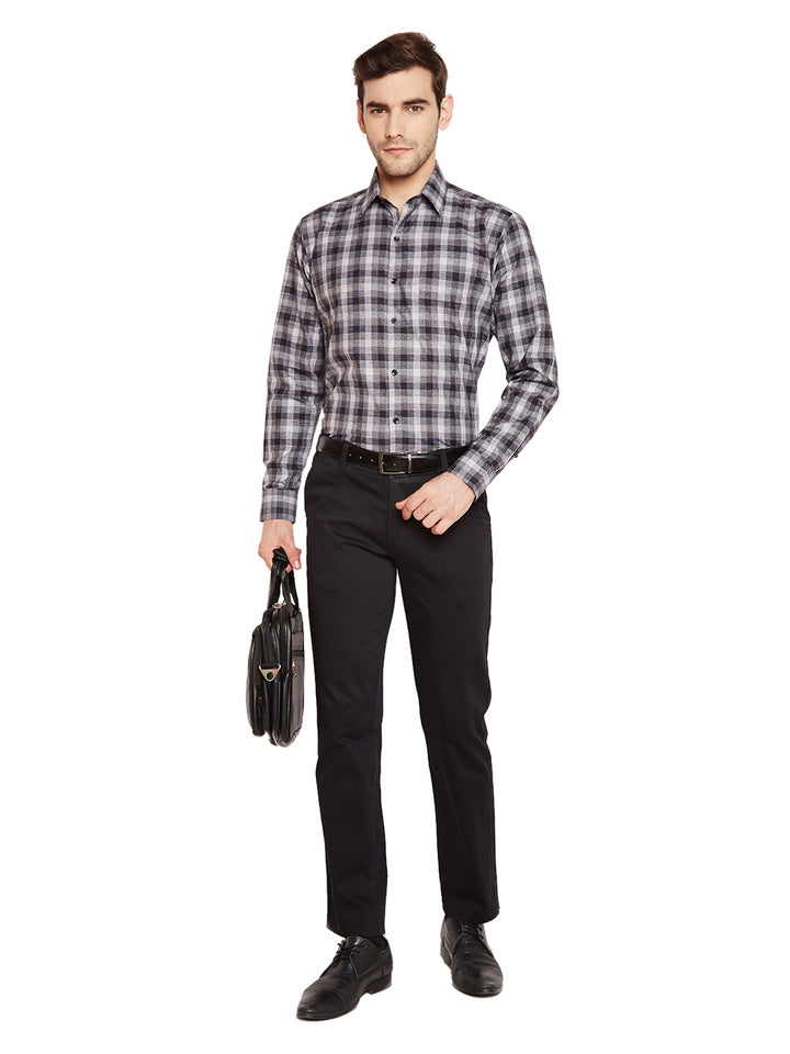 Men Black & Grey Checks Slim Fit Pure Cotton Formal Shirt