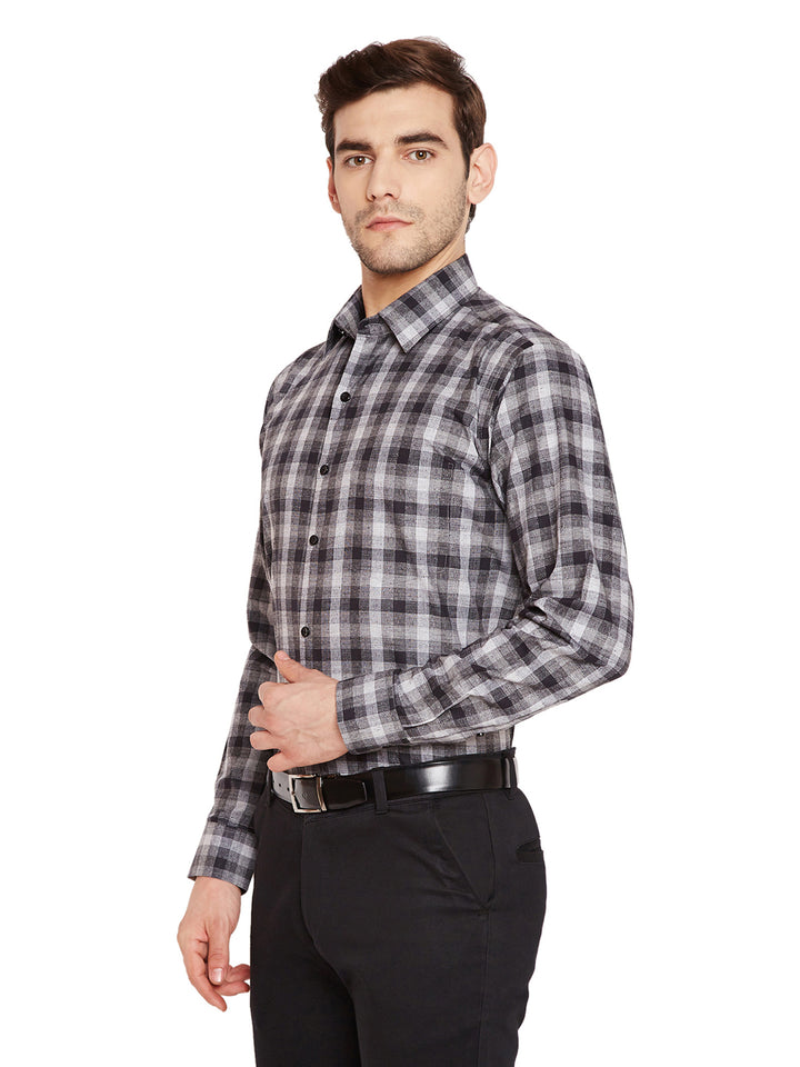 Men Black & Grey Checks Slim Fit Pure Cotton Formal Shirt