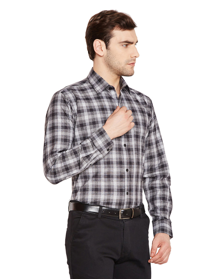 Men Black & Grey Checks Slim Fit Pure Cotton Formal Shirt