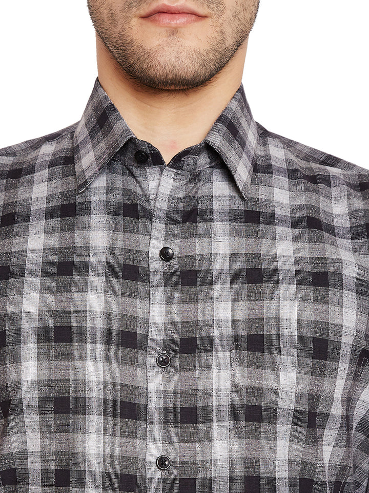 Men Black & Grey Checks Slim Fit Pure Cotton Formal Shirt