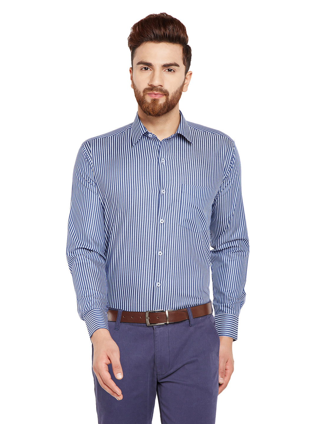 Men Navy Blue Stripes Regular Fit Pure Cotton Formal Shirt