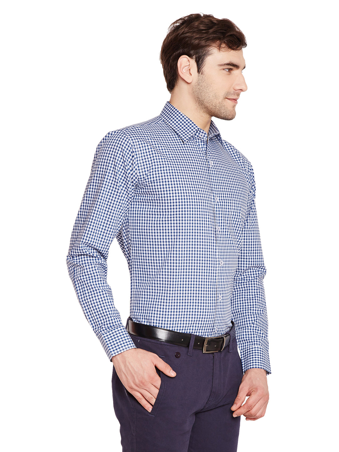 Men Blue & White Checks Slim Fit Pure Cotton Formal Shirt