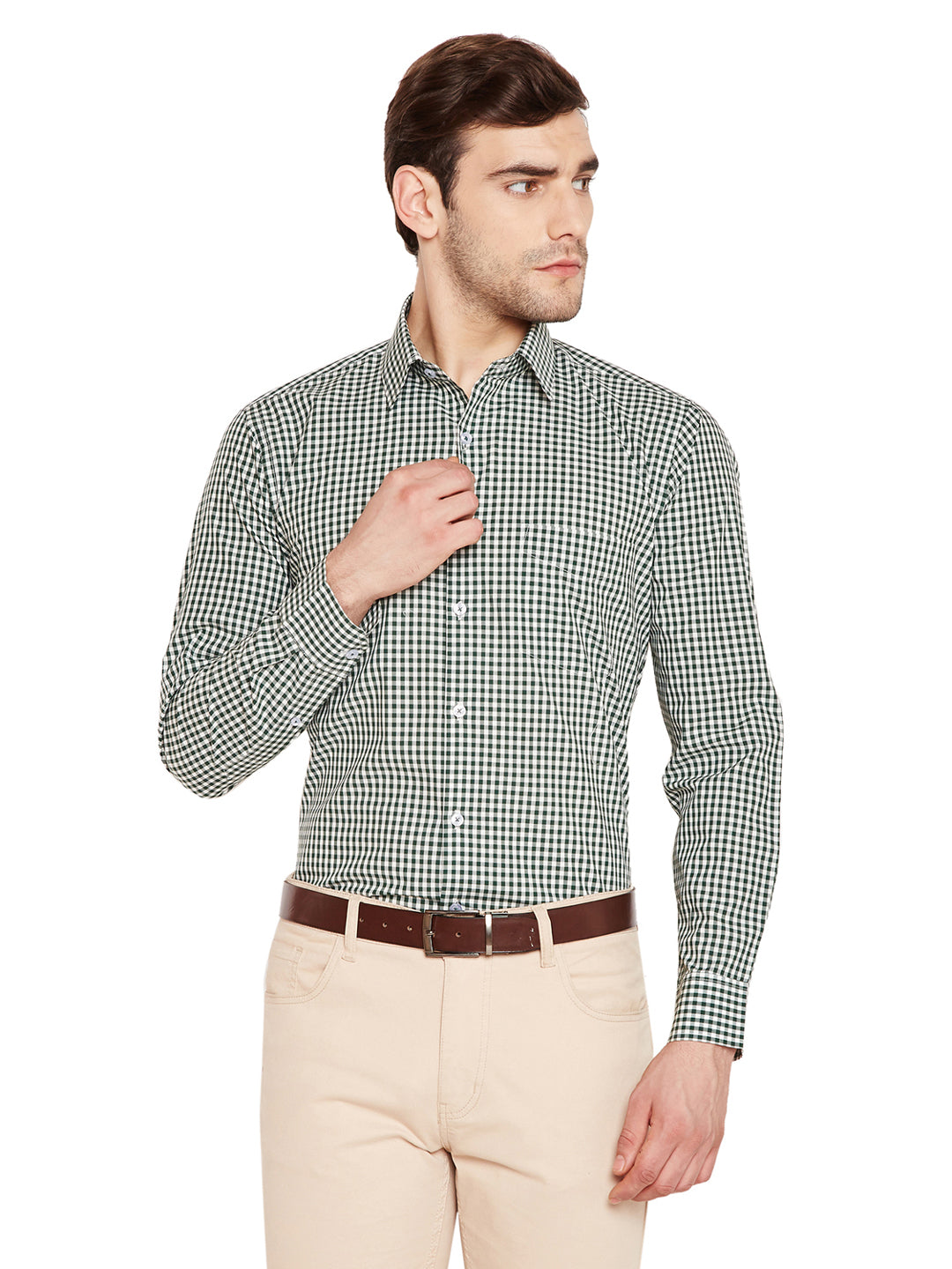 Men Green & White Checks Slim Fit Pure Cotton Formal Shirt