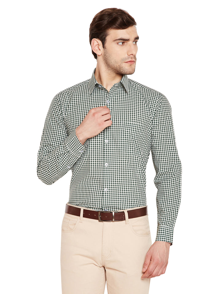 Men Green & White Checks Slim Fit Pure Cotton Formal Shirt