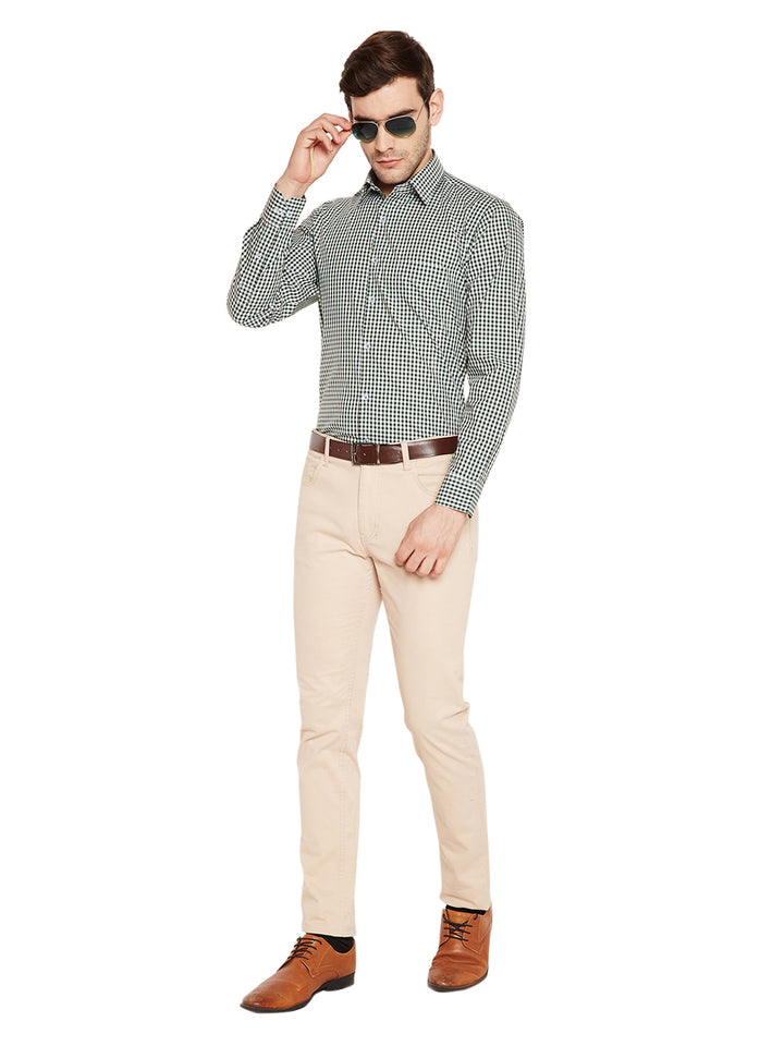Men Green & White Checks Slim Fit Pure Cotton Formal Shirt