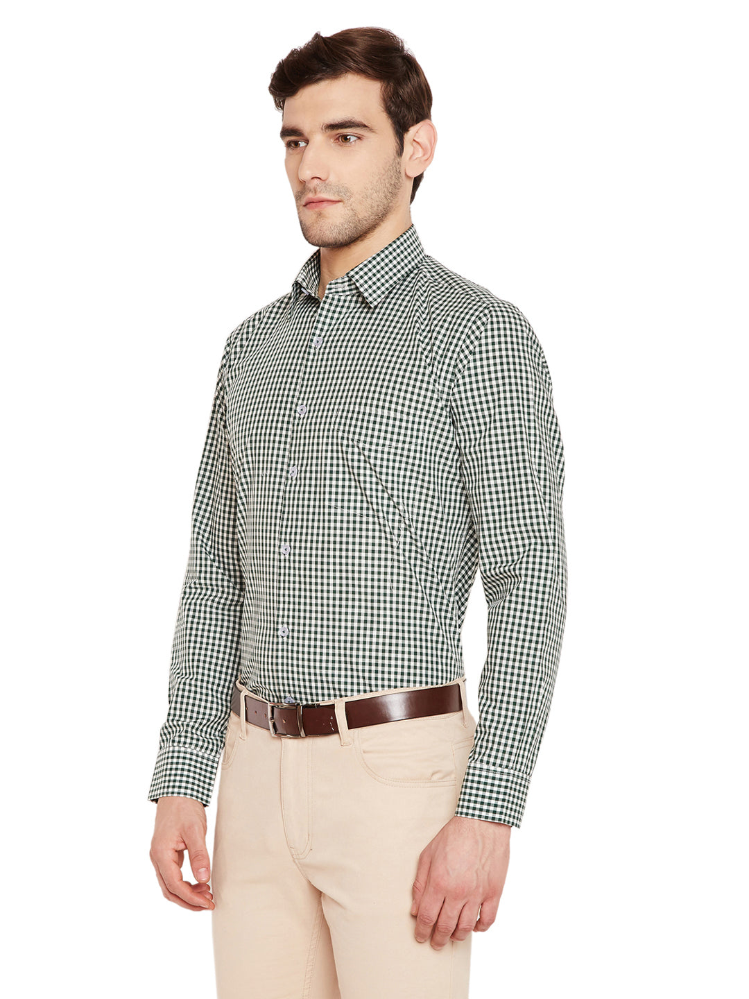Men Green & White Checks Slim Fit Pure Cotton Formal Shirt