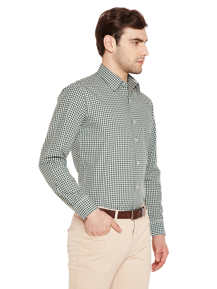 Men Green & White Checks Slim Fit Pure Cotton Formal Shirt