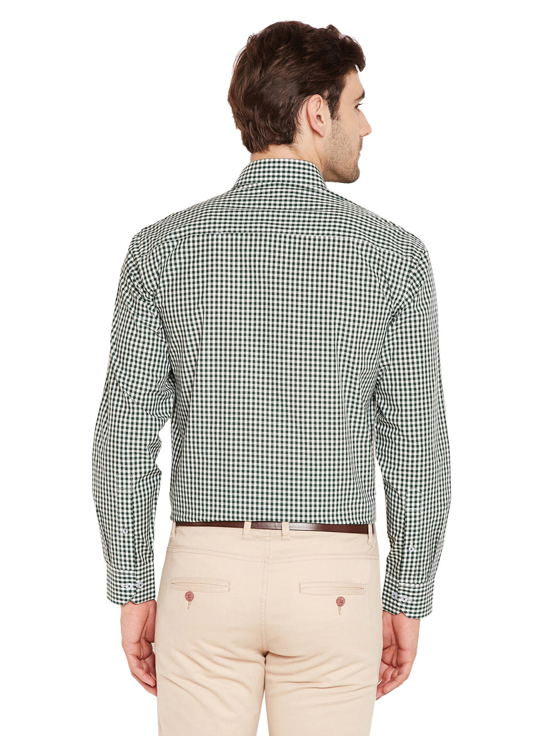 Men Green & White Checks Slim Fit Pure Cotton Formal Shirt