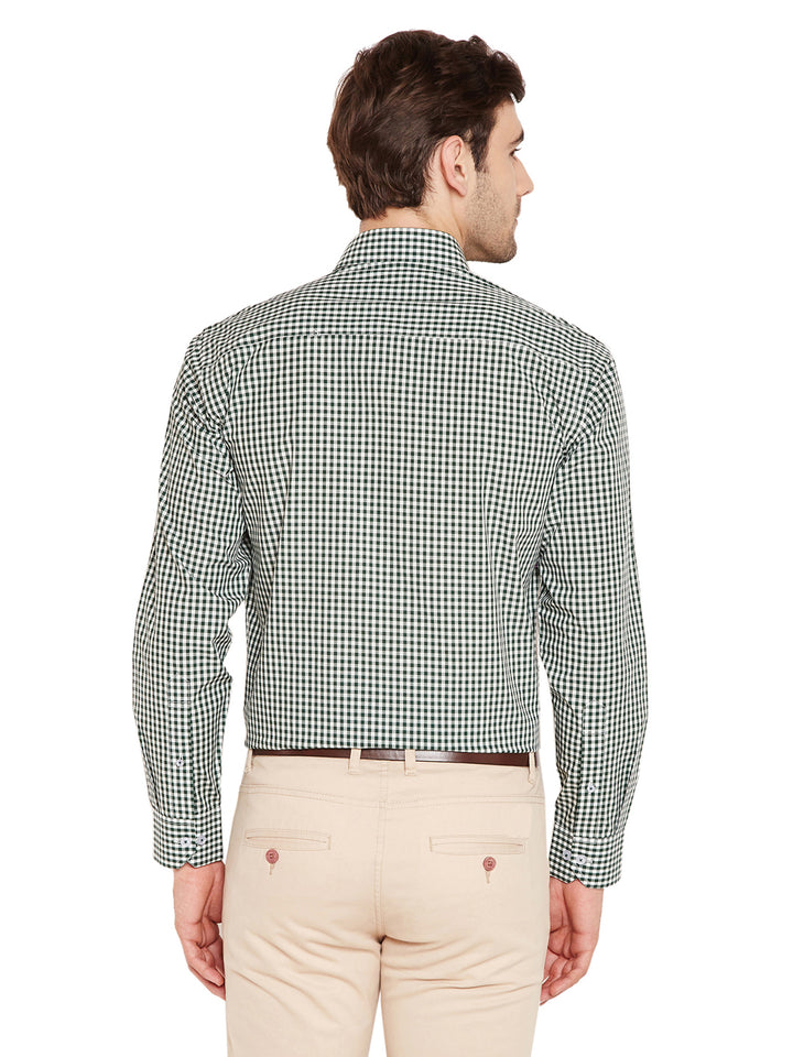 Men Green & White Checks Slim Fit Pure Cotton Formal Shirt