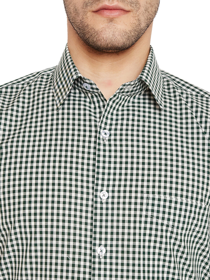 Men Green & White Checks Slim Fit Pure Cotton Formal Shirt