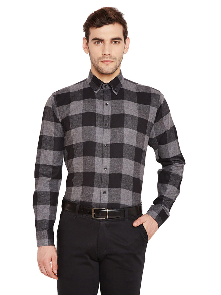 Men Grey & Black Checks Slim Fit Pure Cotton Formal Shirt