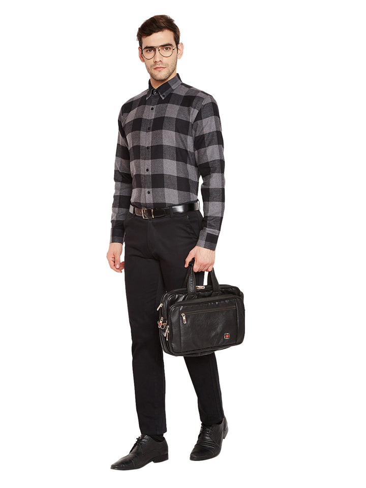 Men Grey & Black Checks Slim Fit Pure Cotton Formal Shirt