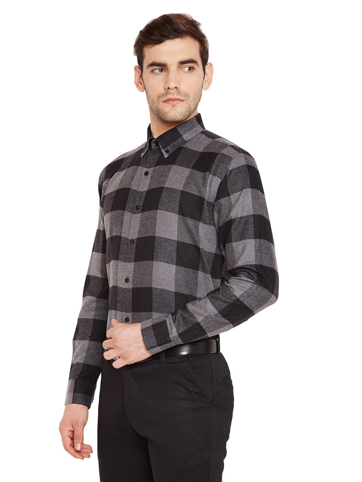 Men Grey & Black Checks Slim Fit Pure Cotton Formal Shirt