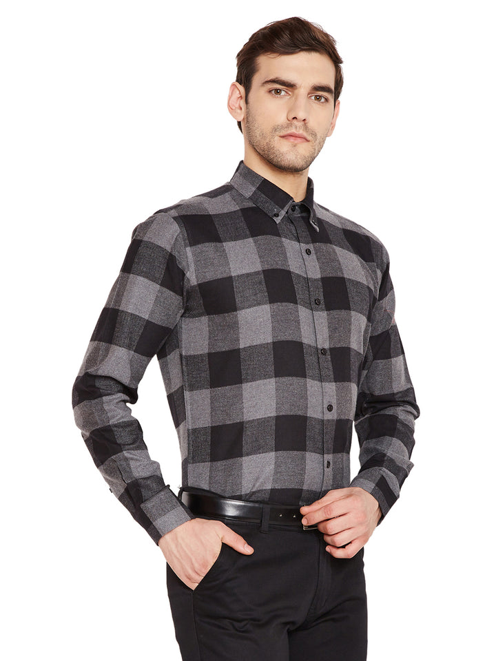 Men Grey & Black Checks Slim Fit Pure Cotton Formal Shirt