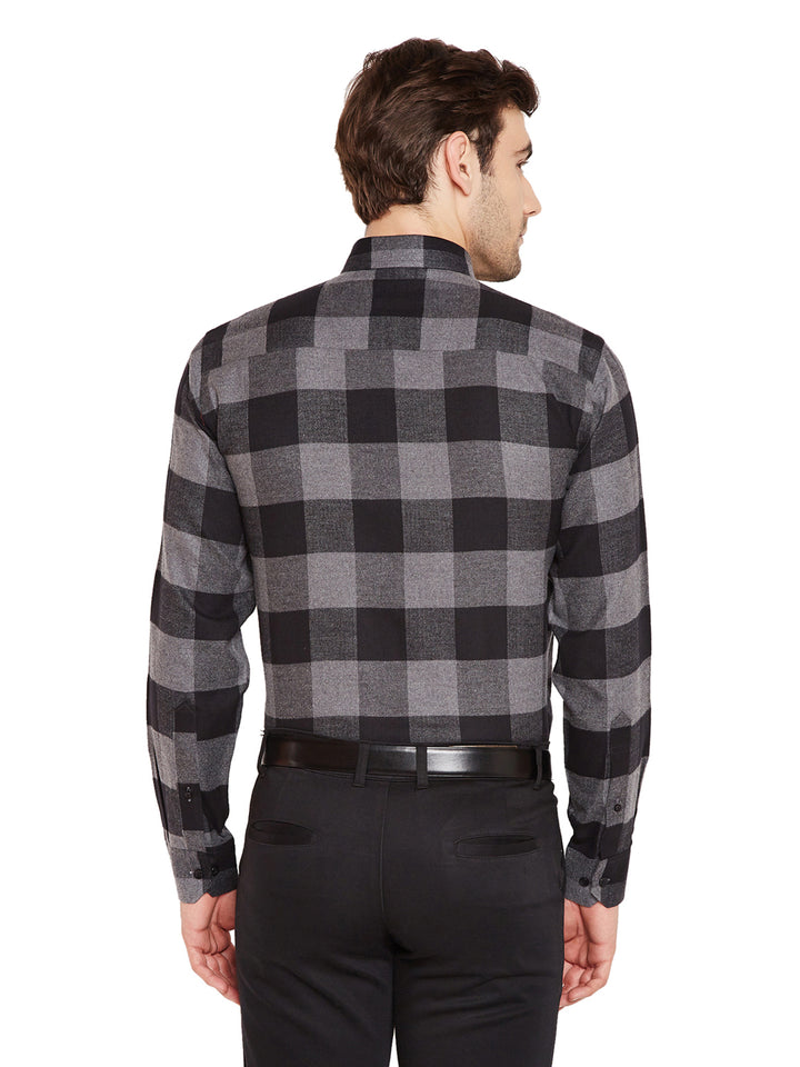 Men Grey & Black Checks Slim Fit Pure Cotton Formal Shirt