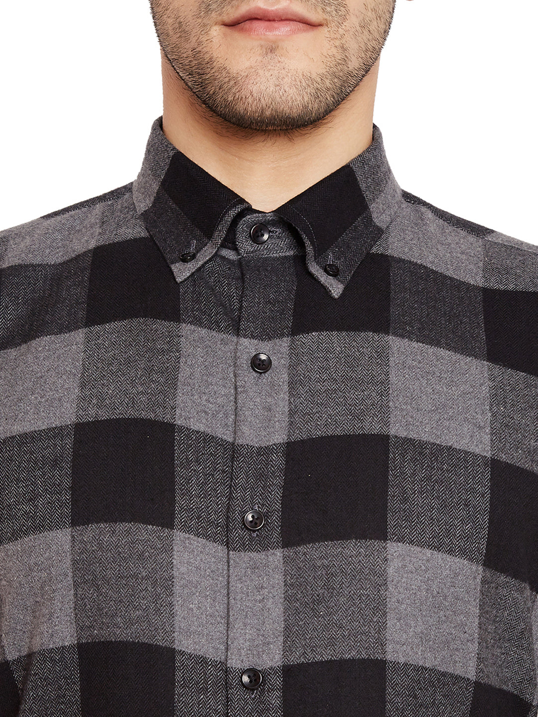 Men Grey & Black Checks Slim Fit Pure Cotton Formal Shirt